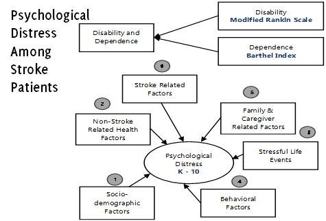 This diagram represents factors associated with psychological distress (K-10) organized in a circular layout. At the center is 'Psychological Distress K-10,' surrounded by seven interconnected categories: 1) Socio-demographic Factors, 2) Non-Stroke Related Health Factors, 3) Stressful Life Events, 4) Behavioral Factors, 5) Family & Caregiver Related Factors, 6) Stroke Related Factors, and 7) Disability and Dependence. Subcategories under 'Disability and Dependence' include 'Disability - Modified Rankin Scale' and 'Dependence - Barthel Index.' The diagram visually highlights how various factors interact and contribute to psychological distress.