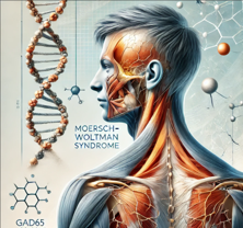 This image is an artistic representation of Moersch-Woltman Syndrome, also known as stiff-person syndrome. It features the profile of a human figure with anatomical details of muscles, nerves, and connective tissue emphasized. Surrounding the figure are scientific elements, including a DNA helix, molecular structures like GAD65 (associated with the syndrome), and abstract cellular imagery. The design blends medical science and artistry to illustrate the biological underpinnings of the condition in a visually striking manner.