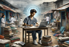 The image titled "Innovating Against Odds: A Medical Student's Research Journey" illustrates a medical student working in a resource-constrained environment. Surrounded by books, journals, and a laptop, the student is fully immersed in research, reflecting the determination described in the article. The modest clinic in the background symbolizes the limited access to advanced resources, while flowcharts and research elements hint at the innovative methods used to overcome these challenges. This image encapsulates the student's journey of resilience and creativity in making meaningful contributions to healthcare despite the odds.