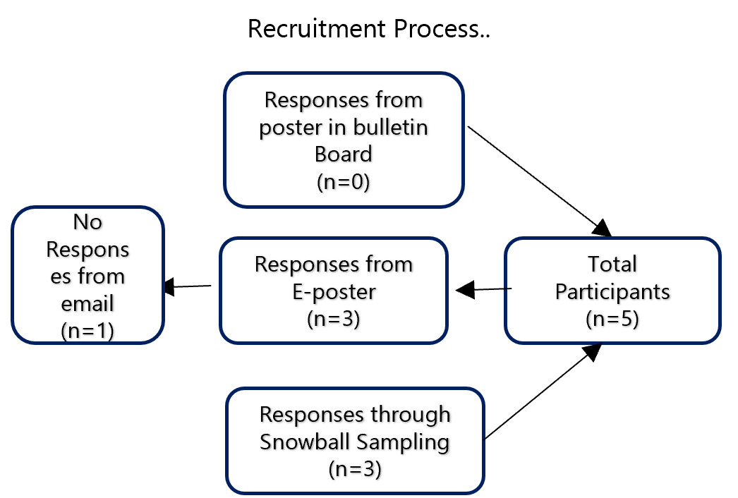This flowchart shows the sources of participant recruitment. No responses were obtained from bulletin board posters (n=0), while e-posters generated 3 responses and snowball sampling contributed another 3. One email attempt yielded no responses. In total, 5 participants were recruited.