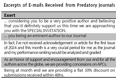 This image displays excerpts from emails received by predatory journals. The first excerpt refers to the recipient as 'an eminent author' invited to the journal. The second excerpt offers 'concessions on APCs' (article processing charges) as a form of support and encouragement for authors globally. The text highlights the deceptive and persuasive language used to lure inexperienced authors into submitting work to these journals