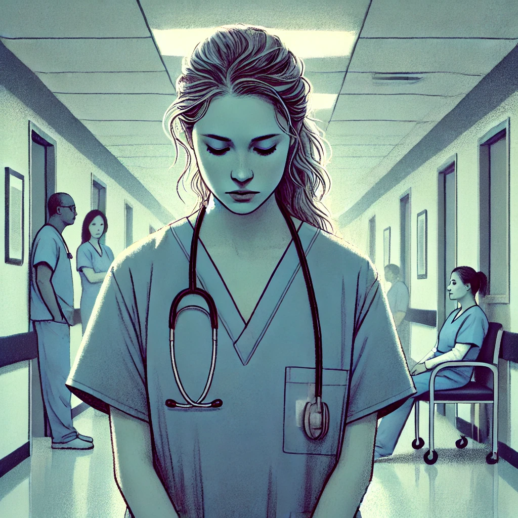 The image for the article titled "The Shame Is Not Mine: Addressing Abuse of Power Dynamics in Medical Training" by Sierra Norman features a distressed female medical student standing alone in a dimly lit hospital corridor. The muted colors and somber tone of the image emphasize the seriousness of the issue addressed in the article.