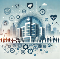 This image shows a modern hospital building at the center, surrounded by interconnected icons representing healthcare, leadership, and community engagement. Visual elements include gears symbolizing strategy, stethoscopes, heart rate monitors, and people walking, indicating teamwork and population health advancement. The background features a cityscape, connecting the hospital to its community role as an anchor institution. The color palette consists of blue, white, and gray, evoking professionalism and trust.